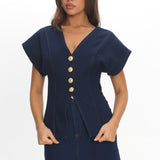 Over It Short Sleeve Button Top Denim