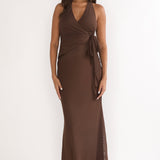 Halo Moon Wrap Front Halter Maxi Dress Chocolate