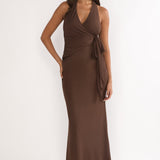 Halo Moon Wrap Front Halter Maxi Dress Chocolate