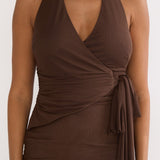 Halo Moon Wrap Front Halter Maxi Dress Chocolate