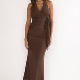 Halo Moon Wrap Front Halter Maxi Dress Chocolate