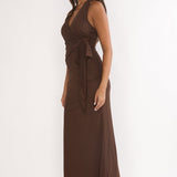 Halo Moon Wrap Front Halter Maxi Dress Chocolate