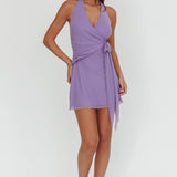 Halo Moon Wrap Front Halter Mini Dress Purple