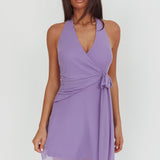 Halo Moon Wrap Front Halter Mini Dress Purple