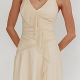 Belize Nights Ruffle Trim Halter Neckline Mini Dress Butter