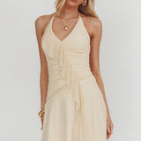 Belize Nights Ruffle Trim Halter Neckline Mini Dress Butter