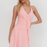 Belize Nights Ruffle Trim Halter Neckline Mini Dress Pink