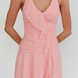Belize Nights Ruffle Trim Halter Neckline Mini Dress Pink