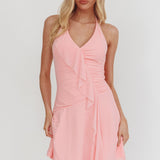 Belize Nights Ruffle Trim Halter Neckline Mini Dress Pink