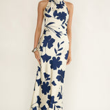 Elowis Cowl Halterneck Maxi Dress Floral Beige