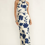 Elowis Cowl Halterneck Maxi Dress Floral Beige