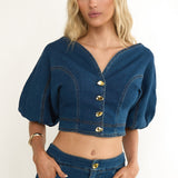 Kaelis Bubble Sleeve Button Top Denim