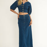 Kaelis Bubble Sleeve Button Top Denim
