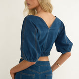Kaelis Bubble Sleeve Button Top Denim
