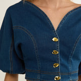 Kaelis Bubble Sleeve Button Top Denim