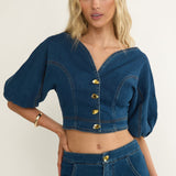 Kaelis Bubble Sleeve Button Top Denim