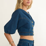 Kaelis Bubble Sleeve Button Top Denim