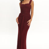 Emara Ruched Waist Sash Maxi Dress Burgundy