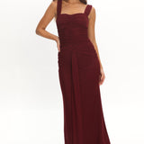 Emara Ruched Waist Sash Maxi Dress Burgundy