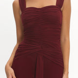 Emara Ruched Waist Sash Maxi Dress Burgundy