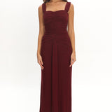 Emara Ruched Waist Sash Maxi Dress Burgundy