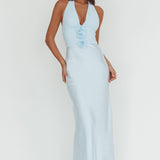 Heliora Halterneck Rosette Bust Maxi Dress Ice Blue