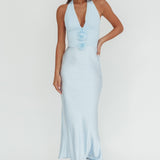 Heliora Halterneck Rosette Bust Maxi Dress Ice Blue