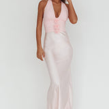 Heliora Halterneck Rosette Bust Maxi Dress Pink