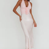 Heliora Halterneck Rosette Bust Maxi Dress Pink