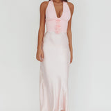 Heliora Halterneck Rosette Bust Maxi Dress Pink