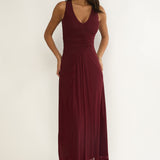 Cambrea Ruched Bodice Midi Dress Burgundy