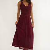 Cambrea Ruched Bodice Midi Dress Burgundy