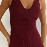 Cambrea Ruched Bodice Midi Dress Burgundy