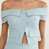 Maelie Foldover Off-Shoulder Top Blue
