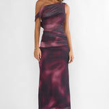 Saffra Shoulder Sash Ruched Maxi Dress Print Wine
