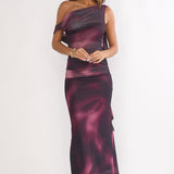 Saffra Shoulder Sash Ruched Maxi Dress Print Wine