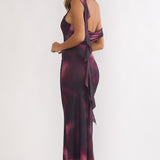 Saffra Shoulder Sash Ruched Maxi Dress Print Wine