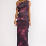Saffra Shoulder Sash Ruched Maxi Dress Print Wine