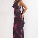 Saffra Shoulder Sash Ruched Maxi Dress Print Wine