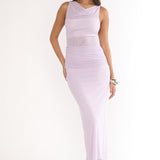 Saffra Shoulder Sash Ruched Maxi Dress Lilac