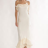 Okay, Cupid Low Back Ruffle Trim Maxi Dress Oyster