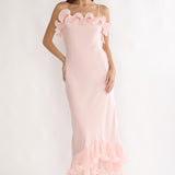 Okay, Cupid Low Back Ruffle Trim Maxi Dress Pink