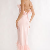 Okay, Cupid Low Back Ruffle Trim Maxi Dress Pink