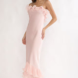 Okay, Cupid Low Back Ruffle Trim Maxi Dress Pink