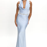 Scotlyn Applique Trim Halter Maxi Dress Blue