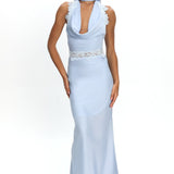 Scotlyn Applique Trim Halter Maxi Dress Blue