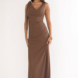 Cavelle Tie Shoulder Mesh Maxi Dress Chocolate