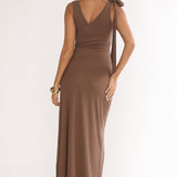 Cavelle Tie Shoulder Mesh Maxi Dress Chocolate