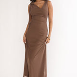 Cavelle Tie Shoulder Mesh Maxi Dress Chocolate