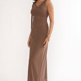 Cavelle Tie Shoulder Mesh Maxi Dress Chocolate
